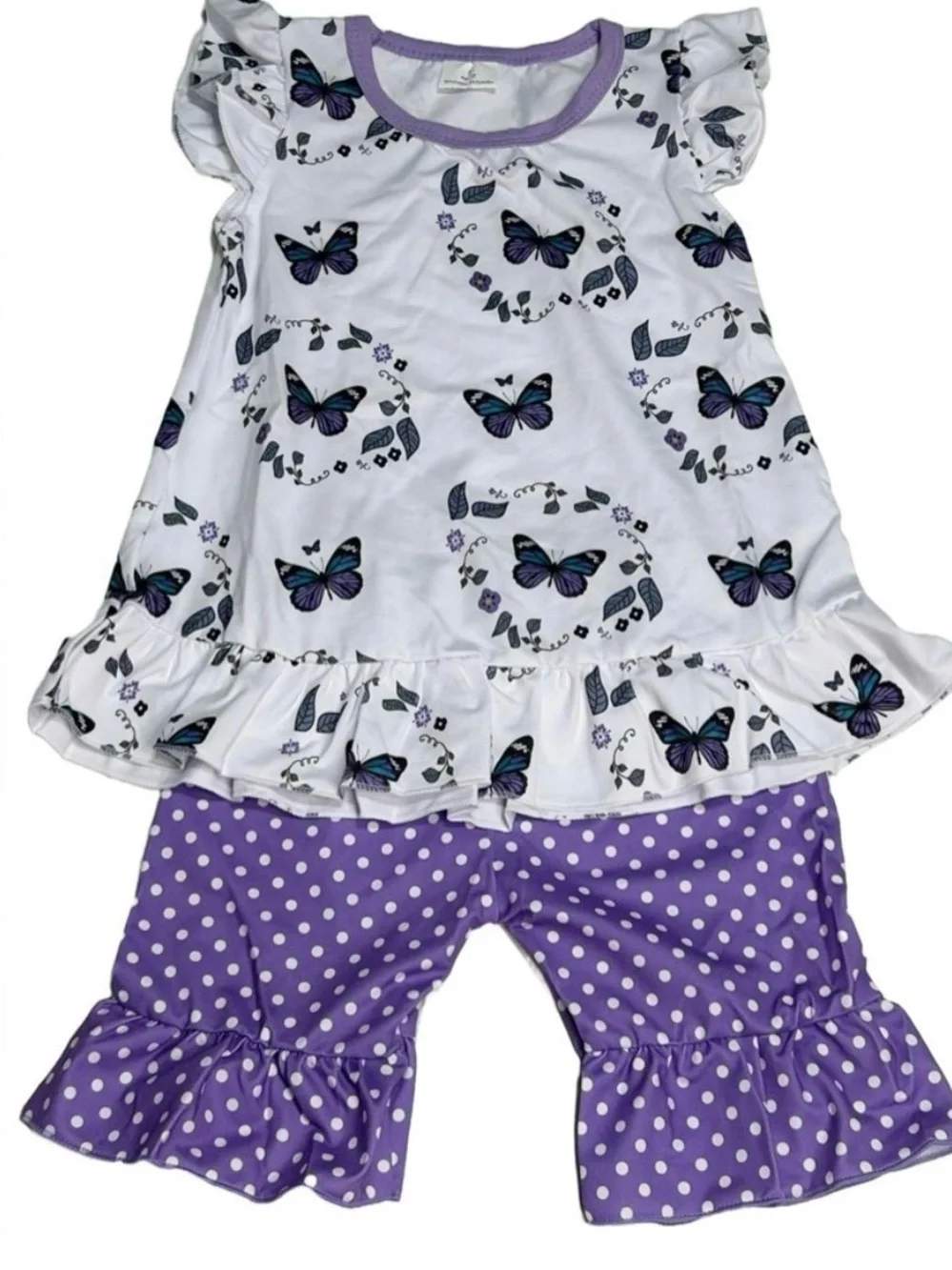NEW Boutique Girl’s Butterfly Polka Dot Top & Ruffle Shorts Outfit Set